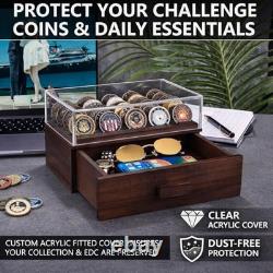 Large Wooden Challenge Coin Display Case Holder for 72 Coins with Drawer Brown