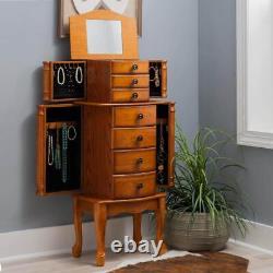 Linon Home Jewelry Armoire 16.5 5-Drawers Top-Lid Mirror Durable Wood in Oak