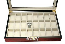 Lockable 24 Watch Cherry Storage Rosewood Display Chest Box Wooden Case Cabinet