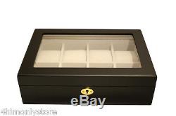 Lockable 8 Watch Ebony Matt Black Wooden Glass Storage Display Case Box