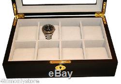 Lockable 8 Watch Ebony Matt Black Wooden Glass Storage Display Case Box