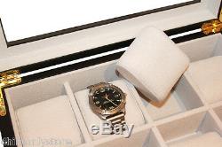 Lockable 8 Watch Ebony Matt Black Wooden Glass Storage Display Case Box