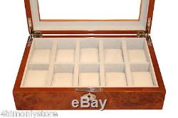 Luxury 10 Wrist Watch Jewellery Wood Glass Display Storage Wooden Case Box