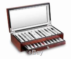 Luxury Pen Display Case Brown Wood Holds 22 Pens With Plexiglass Top