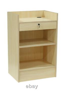 Maple Wood Veneer Register Check Out Stand with Pull-Out Drawer and Shelving