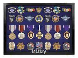 Medal Display Case Pin Badge XL USA Patch Black & Blue Wood Military Wall Rack