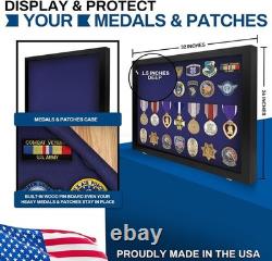 Medal Display Case Pin Badge XL USA Patch Black & Blue Wood Military Wall Rack