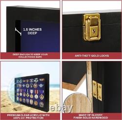 Medal Display Case Pin Badge XL USA Patch Black & Blue Wood Military Wall Rack