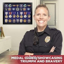 Medal Display Case Pin Badge XL USA Patch Black & Blue Wood Military Wall Rack