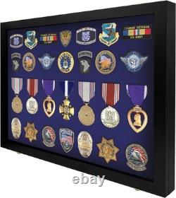 Medal Display Case Pin Badge XL USA Patch Black & Blue Wood Military Wall Rack