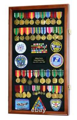 Medal Display Case XL 150+ Pin Badge Patch Flag Walnut Wood Military Ribbon Rack