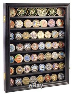 Military Challenge Coin Display Case Cabinet Rack Shadow Box Wood COIN56-BLA