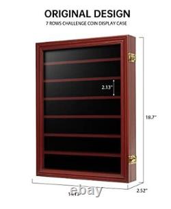 Military Challenge Coin Display Case Wall Mount with HD 7 Rows Mahogany Finish