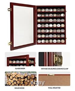 Military Challenge Coin Display Case Wall Mount with HD 7 Rows Mahogany Finish