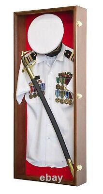 Military Shadow Box Uniform Sword Gun Pin Navy Hat Display Case Lockable