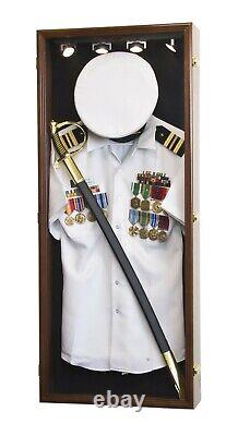 Military Shadow Box Uniform Sword Gun Pin Navy Hat Display Case Lockable