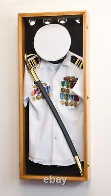 Military Shadow Box Uniform Sword Gun Pin Navy Hat Display Case Lockable