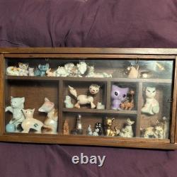 Mini Display Case with 33 mini Animal Figurines Wood and Glass Wall mount