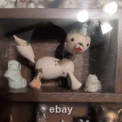 Mini Display Case with 33 mini Animal Figurines Wood and Glass Wall mount
