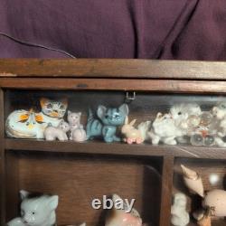 Mini Display Case with 33 mini Animal Figurines Wood and Glass Wall mount