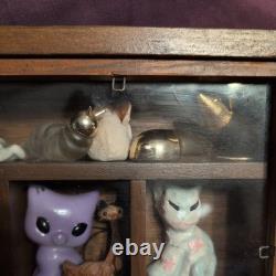 Mini Display Case with 33 mini Animal Figurines Wood and Glass Wall mount