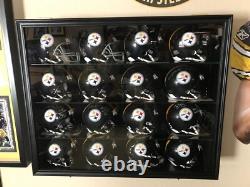 Mini Helmet Display Case 16+ Football Riddell Black Wood NFL Wall Shelf Cabinet