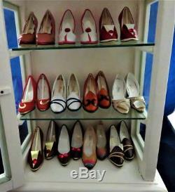 Miniature Collectible Shoes, RENETTI, Lot of 12 Pairs & White Wood Display Case