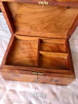 Moroccan burl lockable wooden jewelry box organizer with key, engraved, Gift Idea