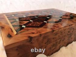 Moroccan large burl lockable wooden jewelry box organizer, Keepsake, engraved, box