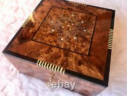 Moroccan large burl lockable wooden jewelry box organizer with key, engraved, box
