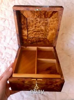 Moroccan large burl lockable wooden jewelry box organizer with key, engraved, box