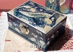 Mother of Pearl Jewelry Box Vintage Blue Peacock decor Jewelry Case Organizer