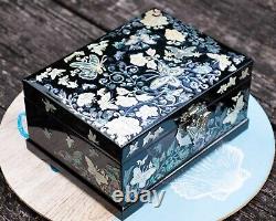 Mother of pearl Box Butterflies Vintage Ample storage Lacquer black Unique gift