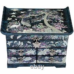 Mother of pearl Wooden Jewelry Box Vintage Blue Ring Organizer Lacquer Keepsake