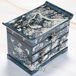 Mother of pearl Wooden Jewelry Box Vintage Blue Ring Organizer Lacquer Keepsake