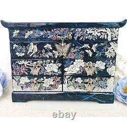 Mother of pearl Wooden Jewelry Box Vintage Blue Ring Organizer Lacquer Keepsake