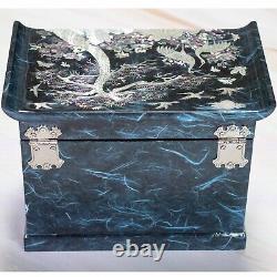 Mother of pearl Wooden Jewelry Box Vintage Blue Ring Organizer Lacquer Keepsake