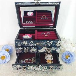 Mother of pearl Wooden Jewelry Box Vintage Blue Ring Organizer Lacquer Keepsake