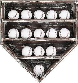 MyGift 14 Baseball Home Plate Shaped Wall Mounted Torched Wood Display Case