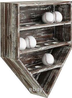 MyGift 14 Baseball Home Plate Shaped Wall Mounted Torched Wood Display Case