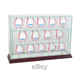 New Glass Upright 14 Baseball Display Case Uv Protection Cherry Wood And Mirror