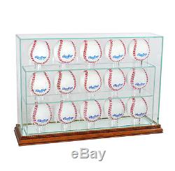 New Glass Upright 15 Baseball Display Case Uv Protection Walnut Wood And Mirror