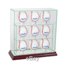 New Glass Upright 9 Baseball Display Case Uv Protection Cherry Wood And Mirror