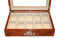 New Lockable 10 Wrist Watch Storage Box Burl Wood Gloss Display Case Luxury Box