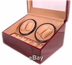 New Red Wood Double Quad (4) + 6 Automatic Watch Winder Storage Display Box/case