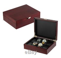 New Wrist Watch Storage Box Cherry Wood Display Case Large Faux Leather Pillows