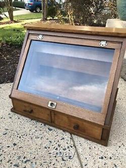 Nice Early Slant Glass Front Wood Display Case Cupboard WithCabinet Drawers