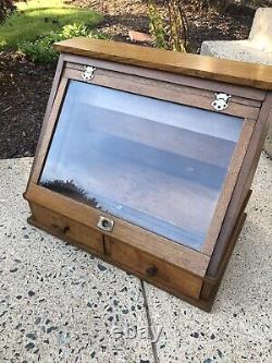 Nice Early Slant Glass Front Wood Display Case Cupboard WithCabinet Drawers
