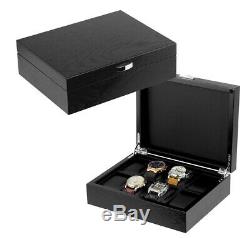 Oak 8 Wrist Watch Storage Box Black Wood Display Case Large Faux Leather Pillows