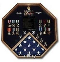 Octagon Shape Flag Display Case Military Medals Badges Wood Shadow Box